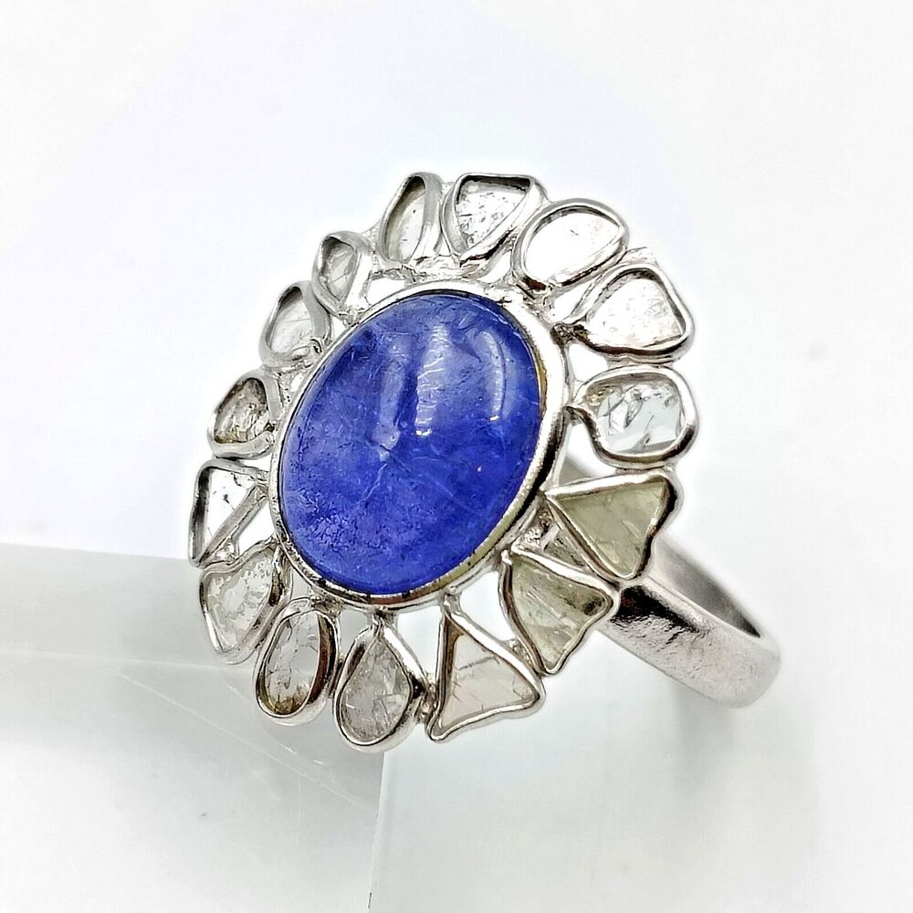 D'Joy Sterling Silver 925 Tanzanite Cabochon Slice Polki Diamond Ring Sz 7